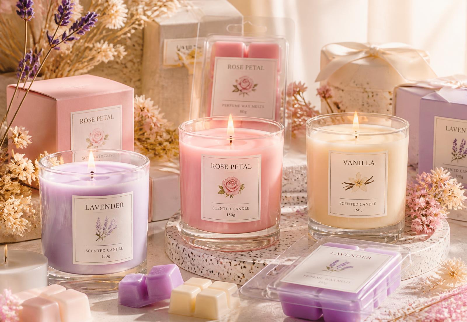 Colourful scented candles, wax melts and gift boxes in a bright cosy setting